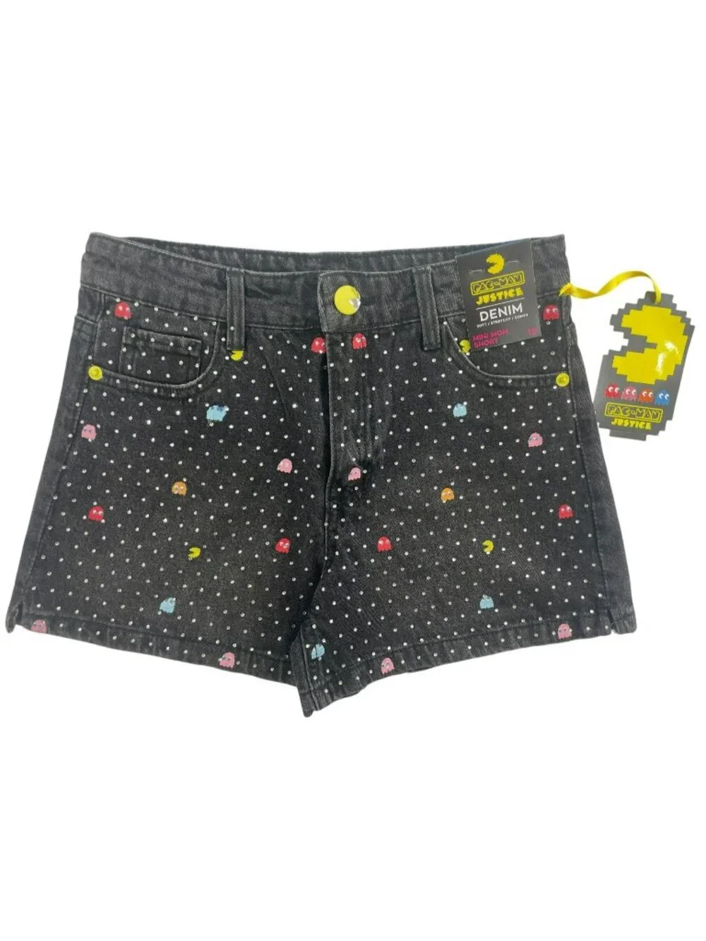 Justice Pac-Man Mini Mom Shorts Black Denim Rhinestone Stretchy Girls Sz 12 NWT